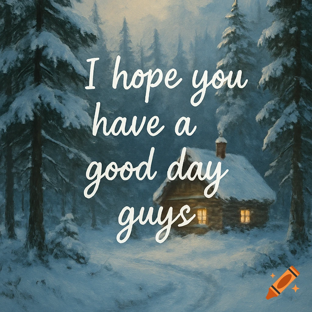 Snowy forest scene with a cabin and text overlay reading "I hope you have a good day guys".