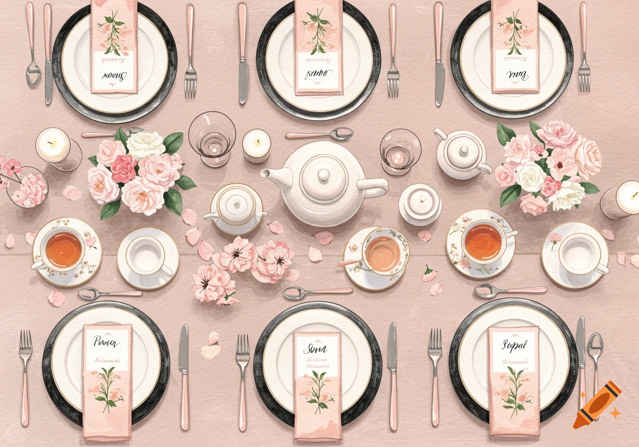 Top-down view of an illustrated blush pink and black and white tea party table setting with plates, cups, teapot, flowers, and candles.