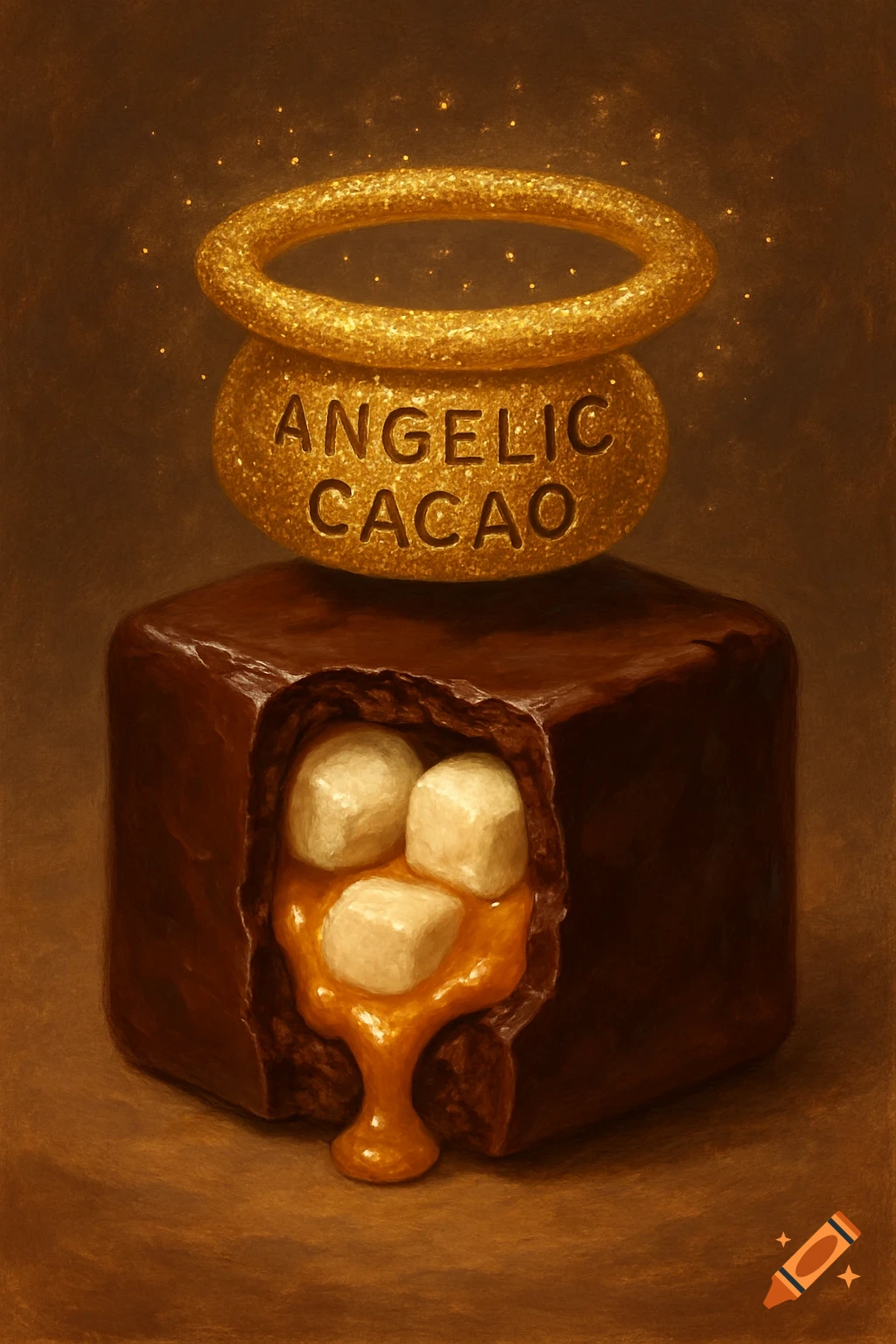 Painting of a chocolate cube with marshmallow and caramel filling, topped by a golden halo with 'ANGELIC CACAO'.