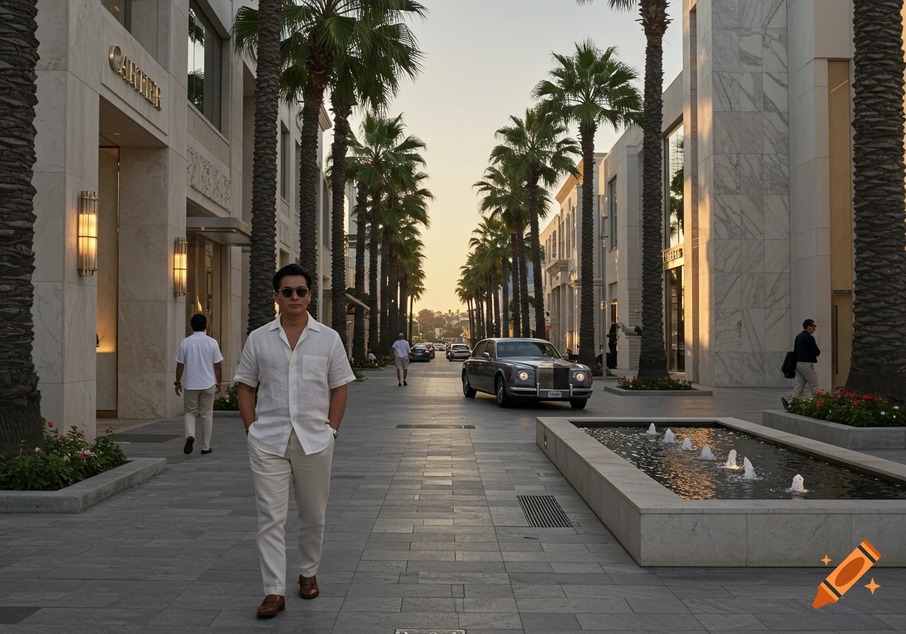 Man in white walks down a palm-lined street past luxury stores and a vintage Rolls-Royce.