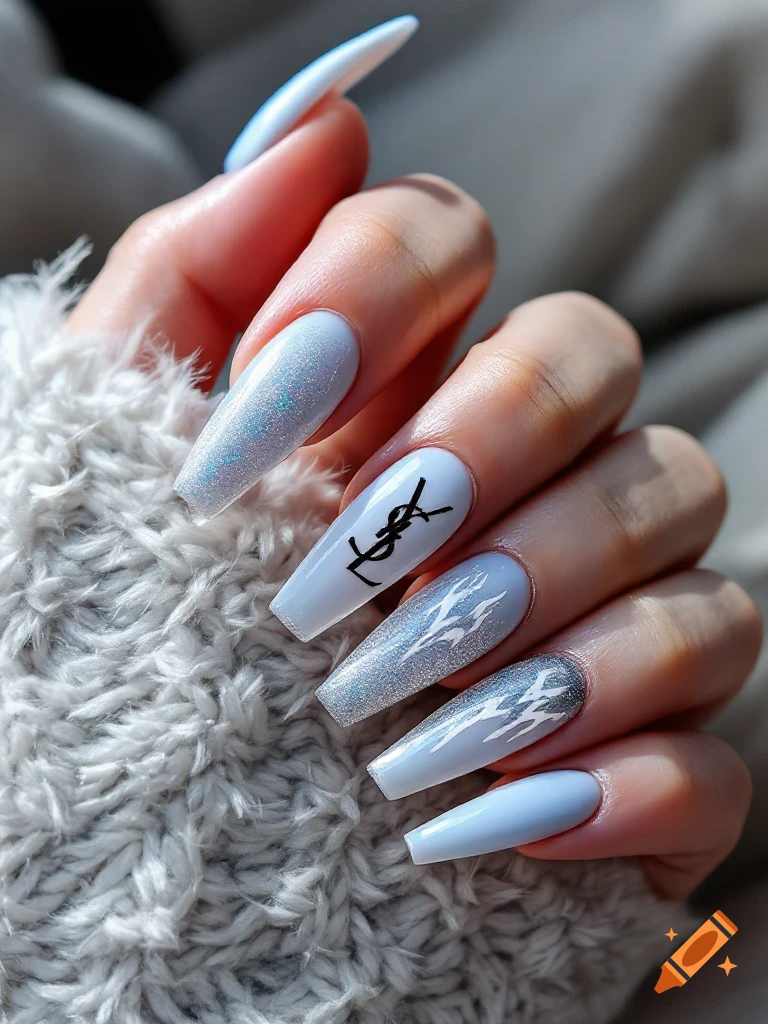 Close-up of hand with long coffin pastel blue acrylic nails, glitter, flame, and YSL logo designs.