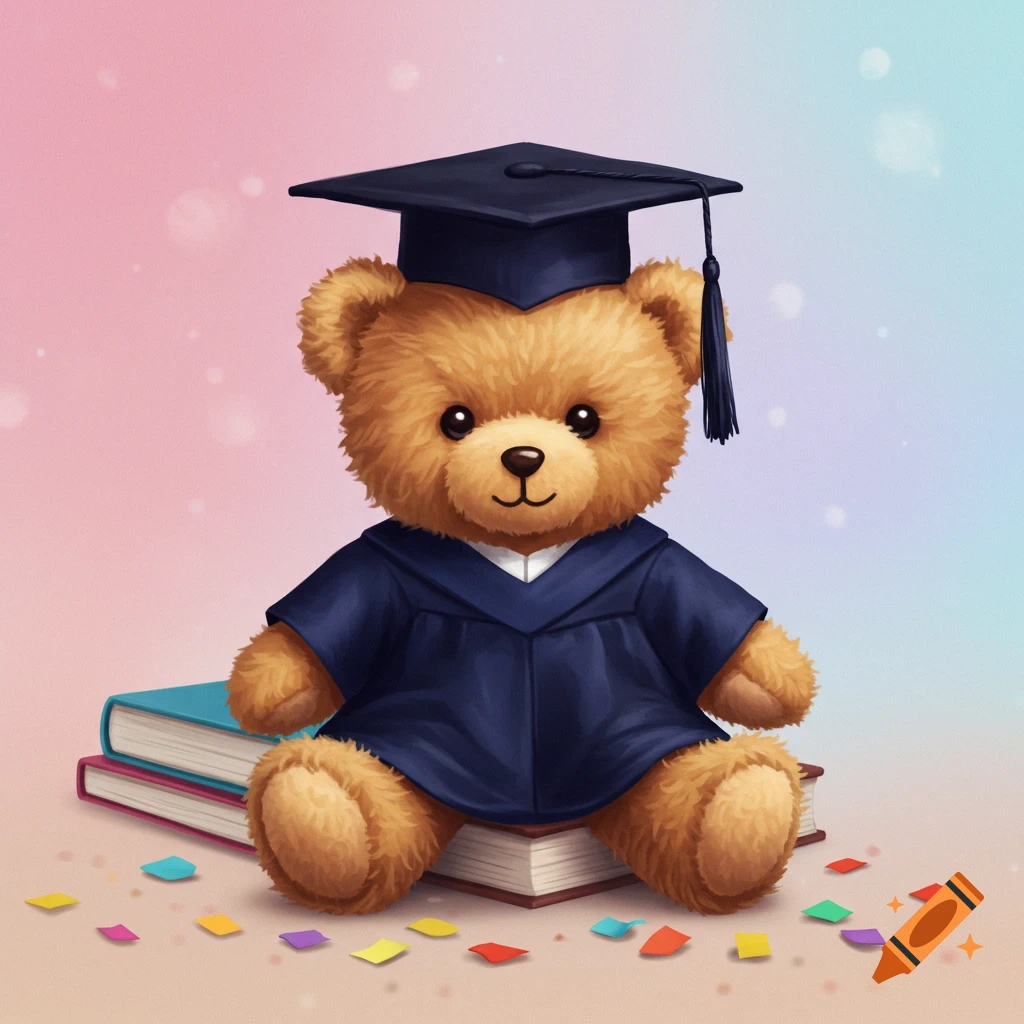 A cute teddy bear wearing a graduation cap and gown sits on stacked books with confetti.