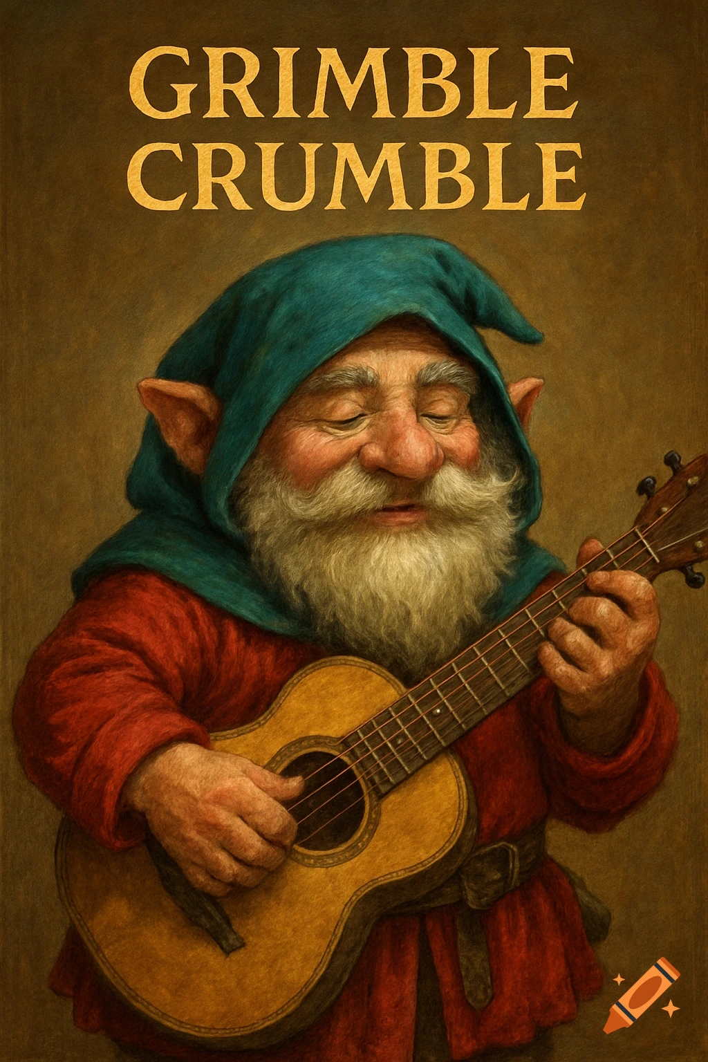 An illustration of a cheerful gnome with a beard and hood playing a small guitar, with the text 'Grimble Crumble' above.