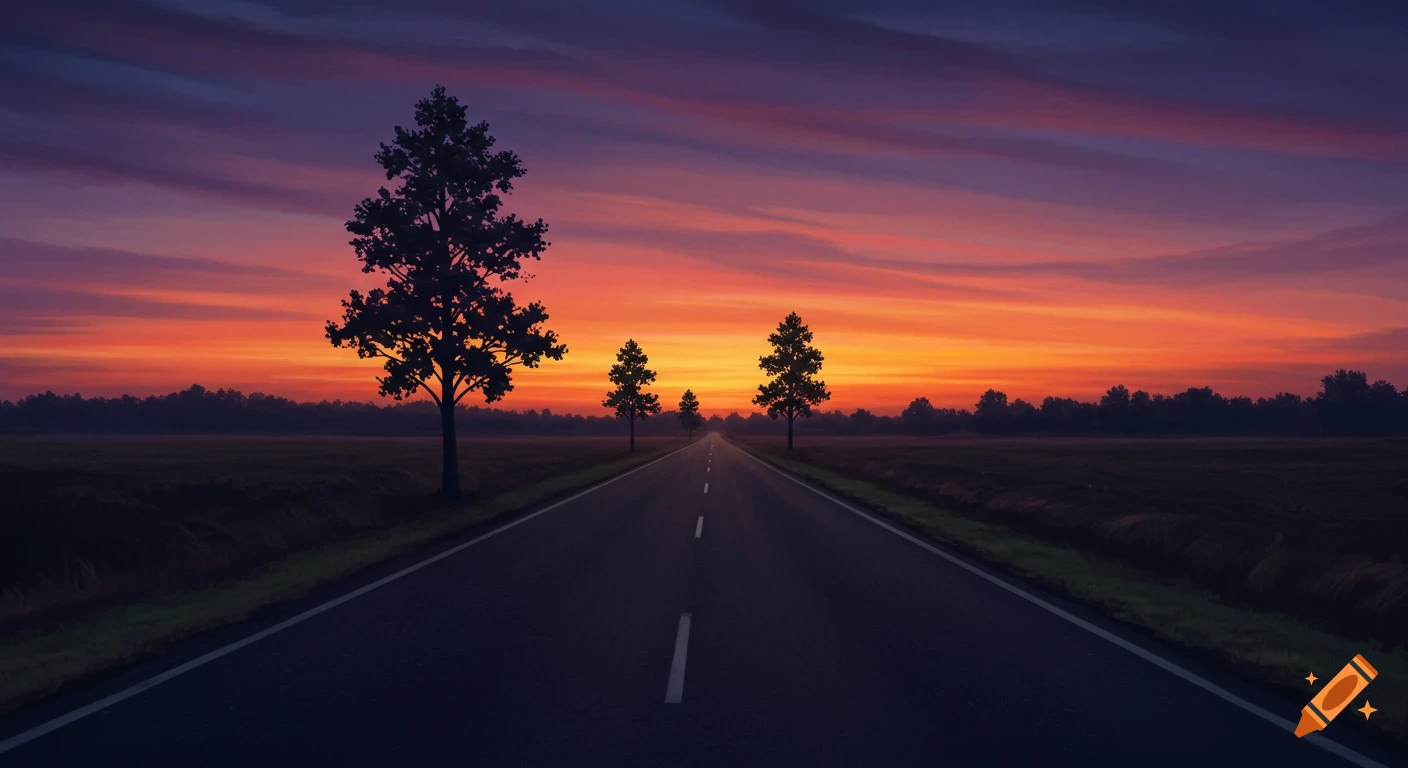 A straight road leading into the distance under a dramatic sunset sky with silhouetted trees on either side.
