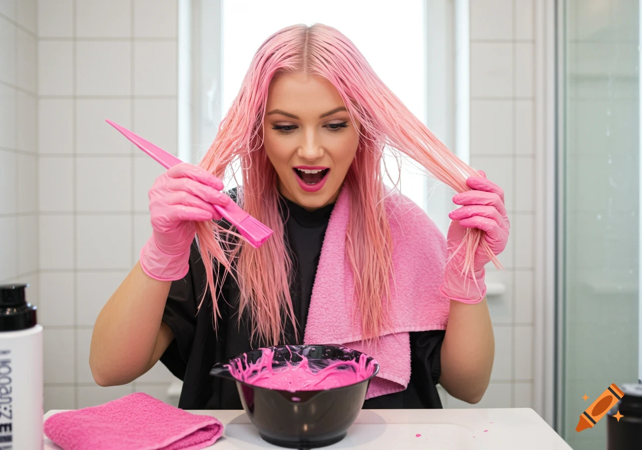 Woman with pink gloves dyeing her hair pink in a bathroom.