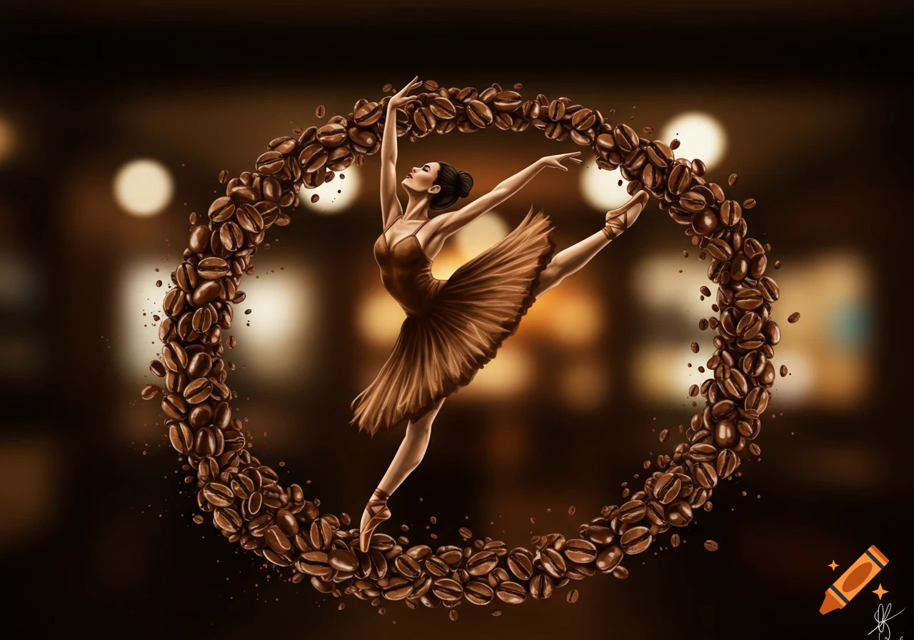 A ballerina dances within a ring of coffee beans.