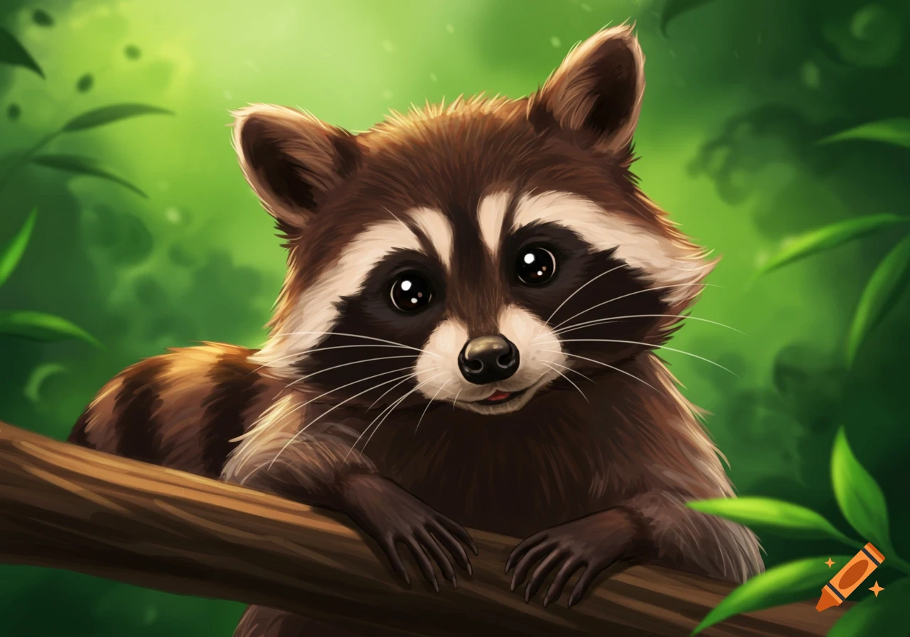 Cute cartoon raccoon peering over a tree branch