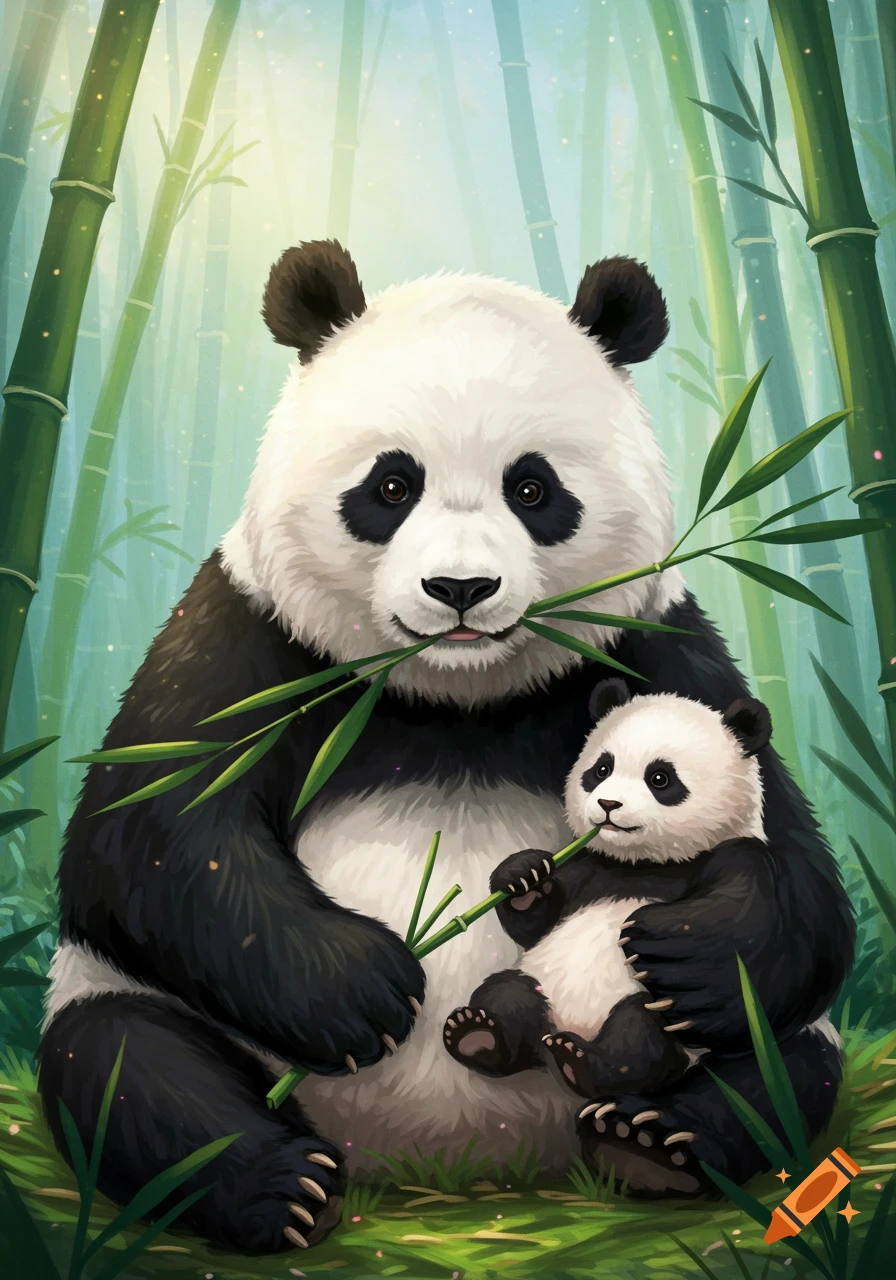 A panda and its baby sit among bamboo trees, eating bamboo stalks. Digital illustration.