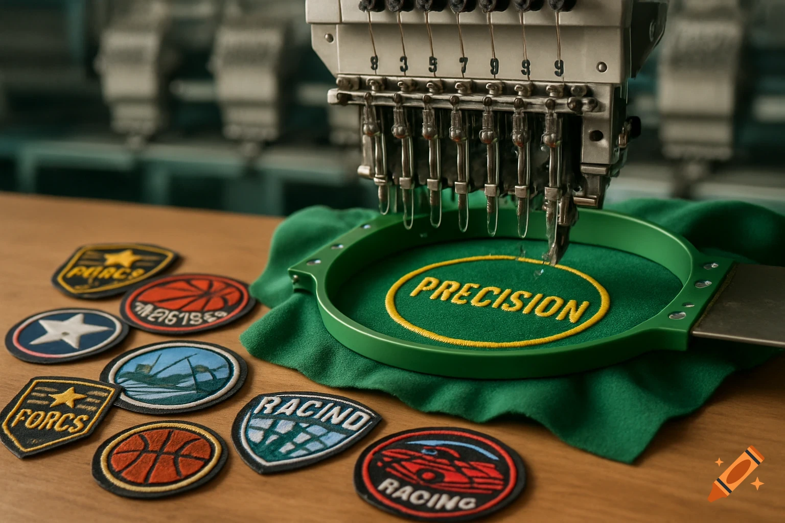 Embroidery machine stitching a PRECISION patch, surrounded by various other patches on a wooden table.