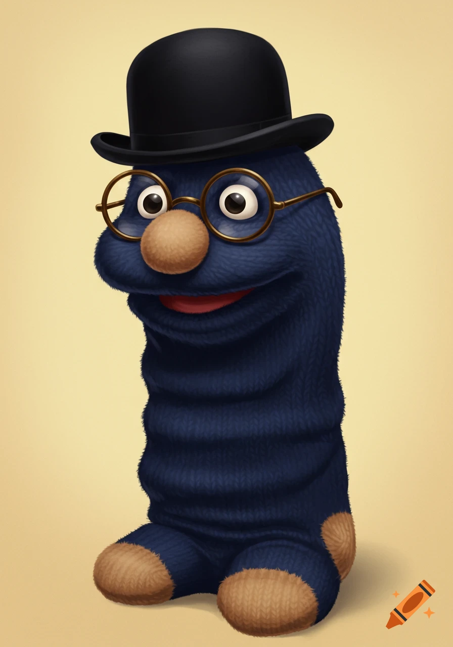 Navy blue and tan sock puppet wearing a black bowler hat and oval glasses.