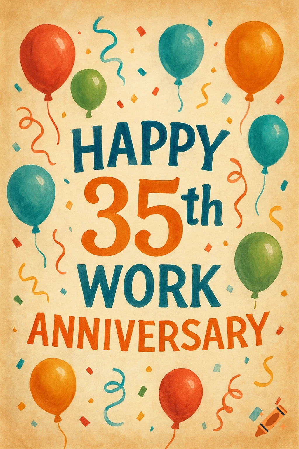 Watercolor illustration of a work anniversary card with balloons, confetti, and 'Happy 35th Work Anniversary' text.