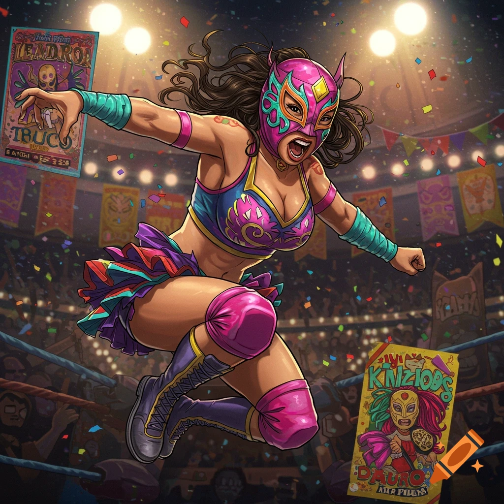 Illustration of a female lucha libre wrestler jumping in a ring surrounded by confetti and posters.