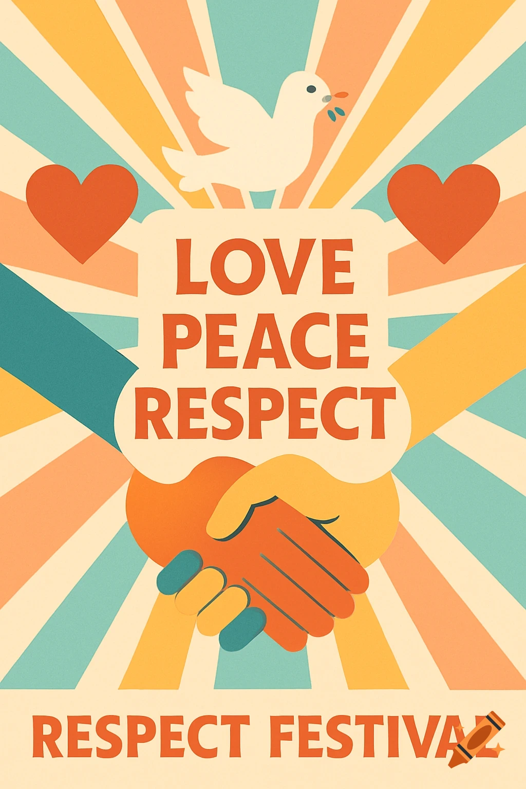 Vibrant poster for Respect Festival with text LOVE PEACE RESPECT, dove, hearts, shaking hands, and sun rays. Flat vector style.