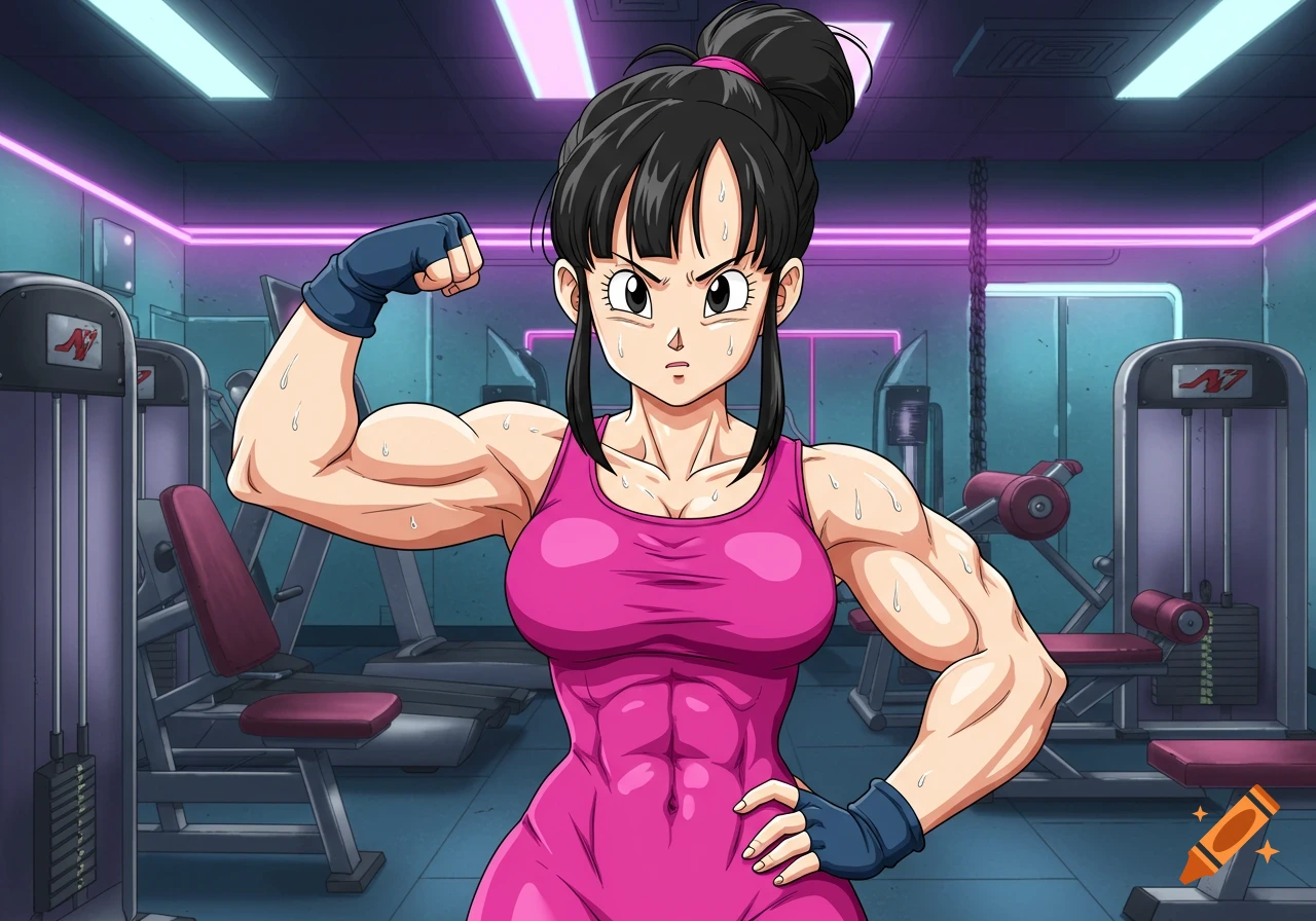 Chi Chi from Dragon Ball Z flexing muscles in a gym in anime style.
