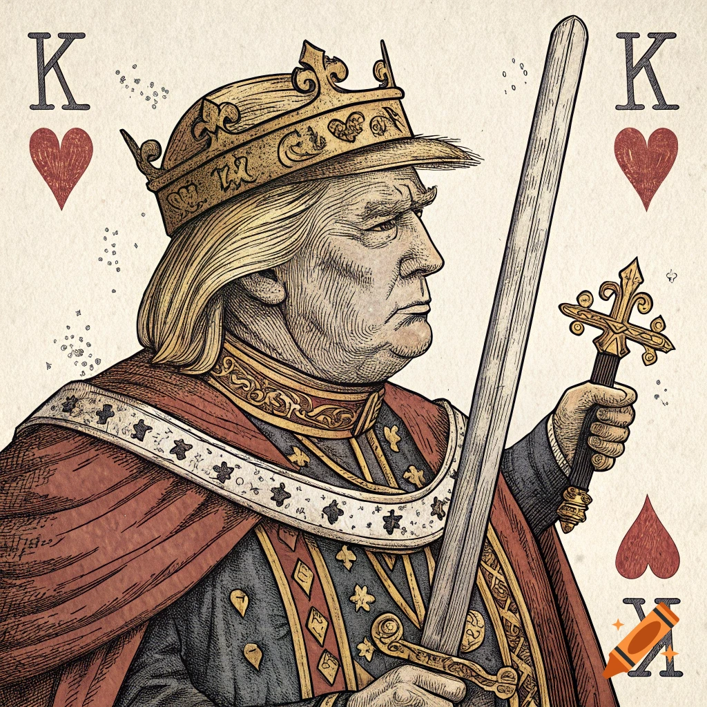 Donald Trump depicted as King of Hearts in engraved playing card style, holding a sword.