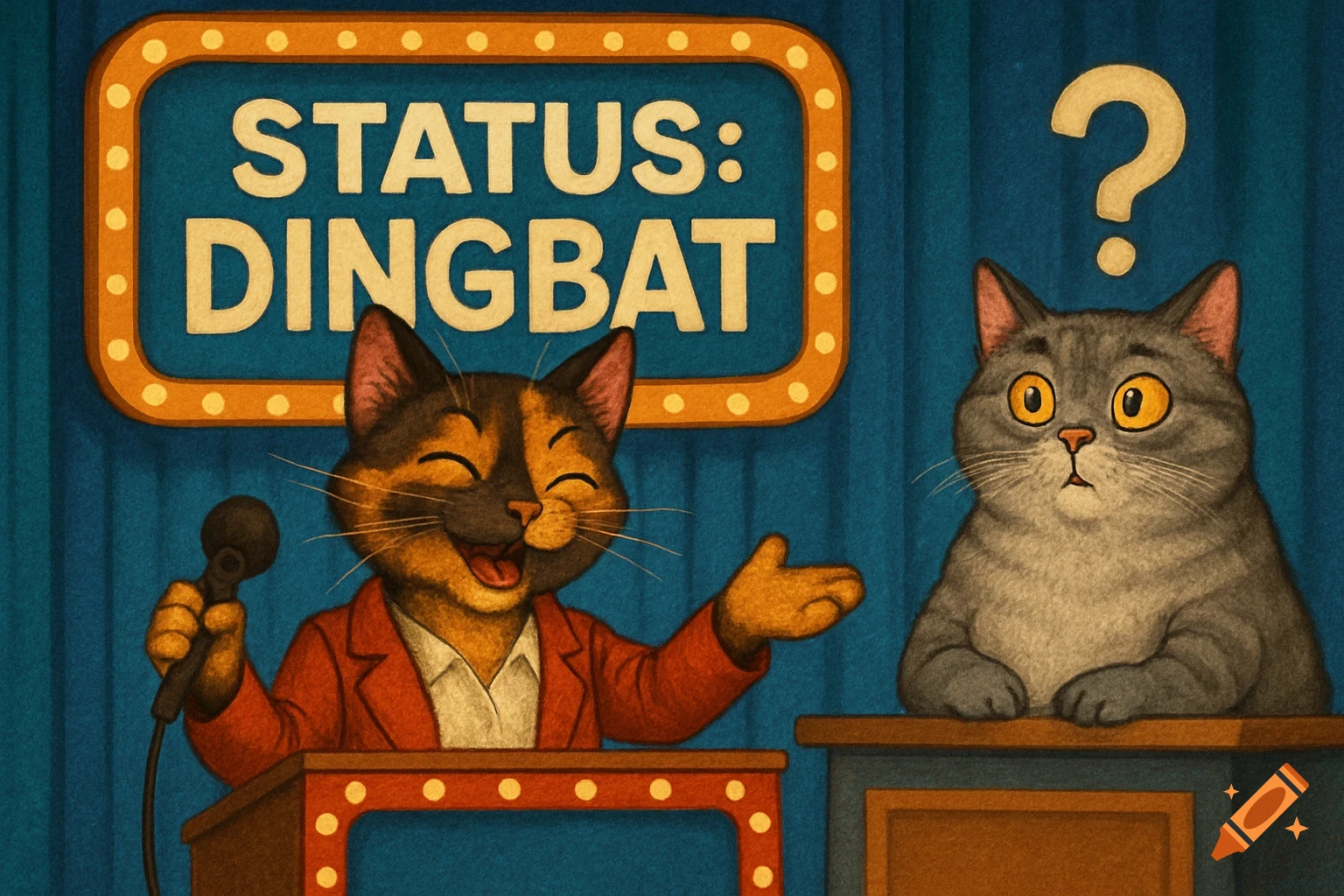 An illustration of cats on a game show stage. A calico cat at a podium stands next to a sign reading 'STATUS: DINGBAT'. A gray cat looks confused under a question mark.