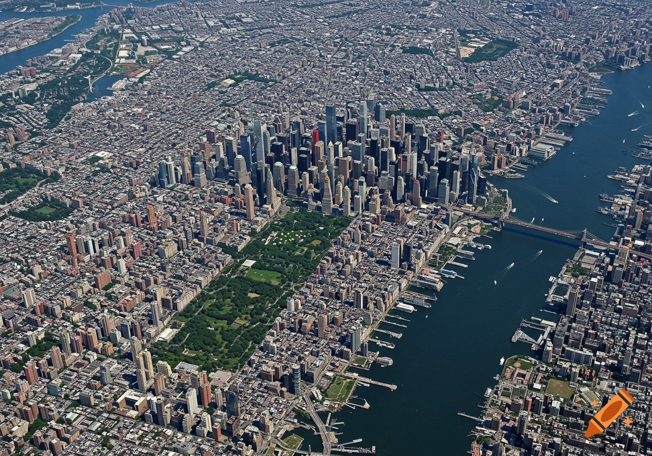Aerial view of New York City showing skyscrapers, a park, and the waterfront.