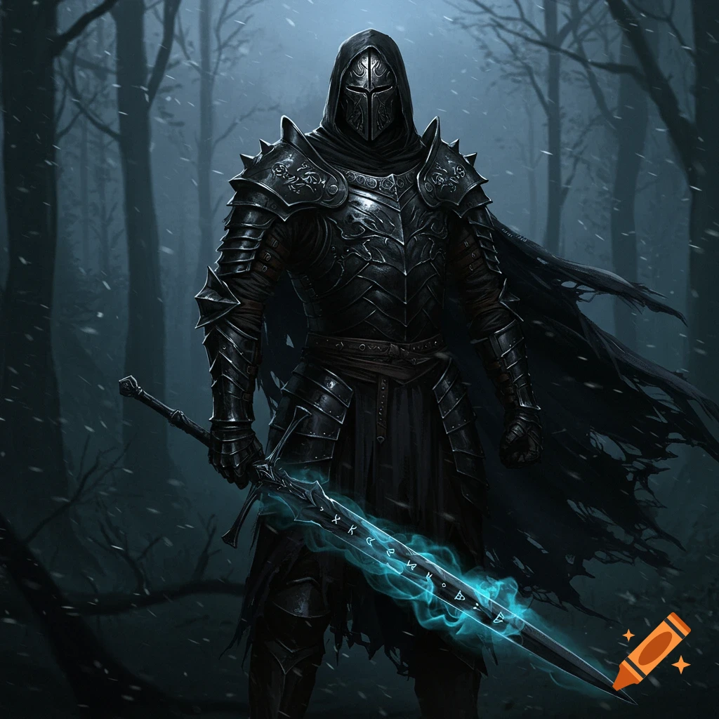 A knight in black armor and hood stands in a snowy forest, holding a sword with glowing blue runes.