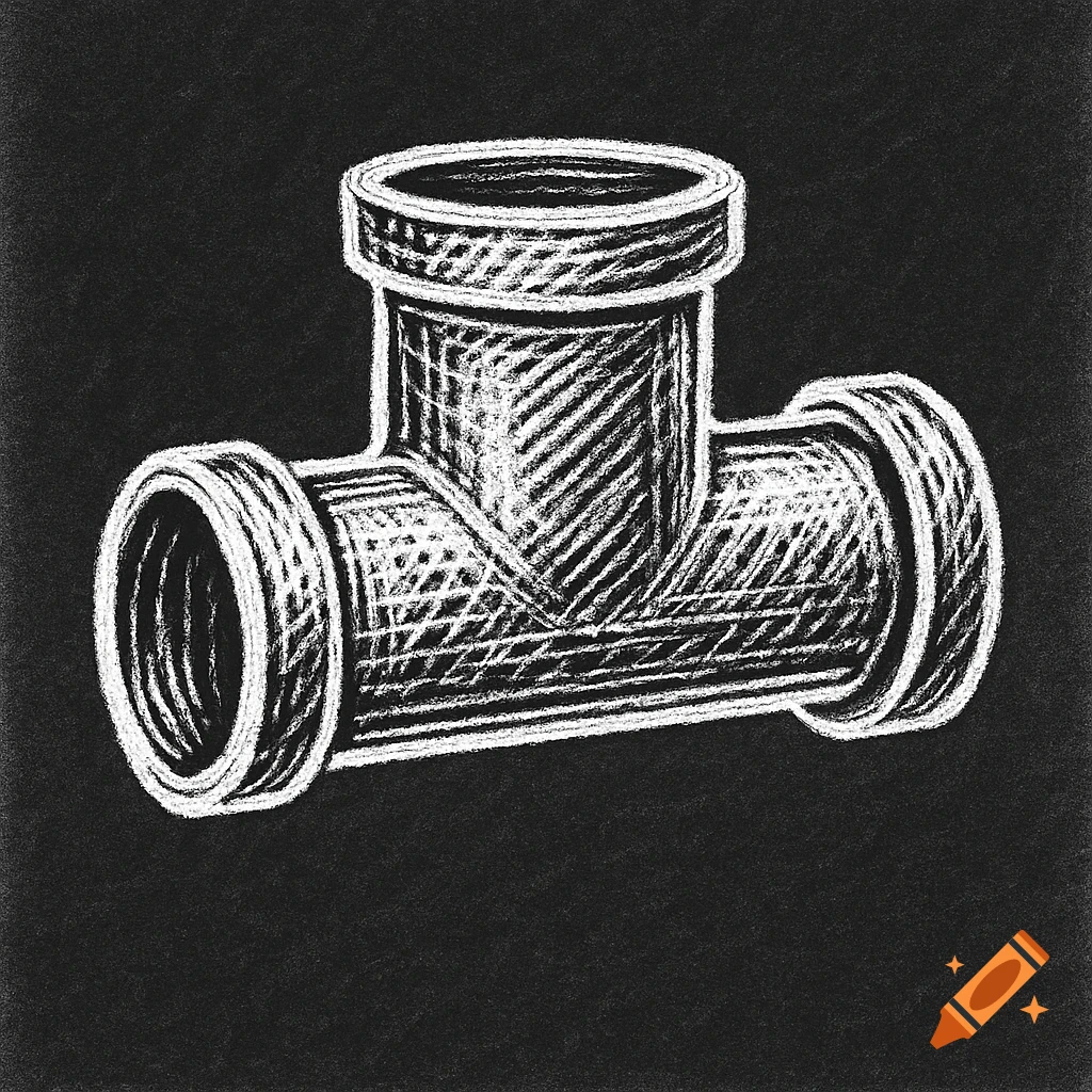 Charcoal drawing of a white plumbing tee pipe fitting on a black background.