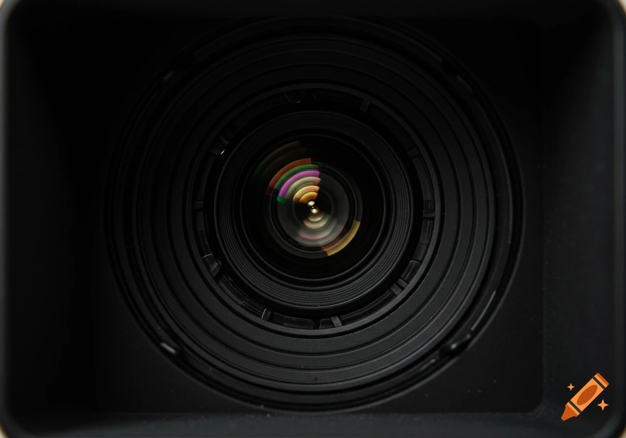 A close-up view looking directly into a camera lens, showing the internal glass elements and colorful reflections.