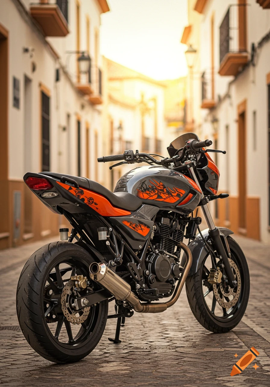 A grey and orange motorcycle parked on a cobblestone street