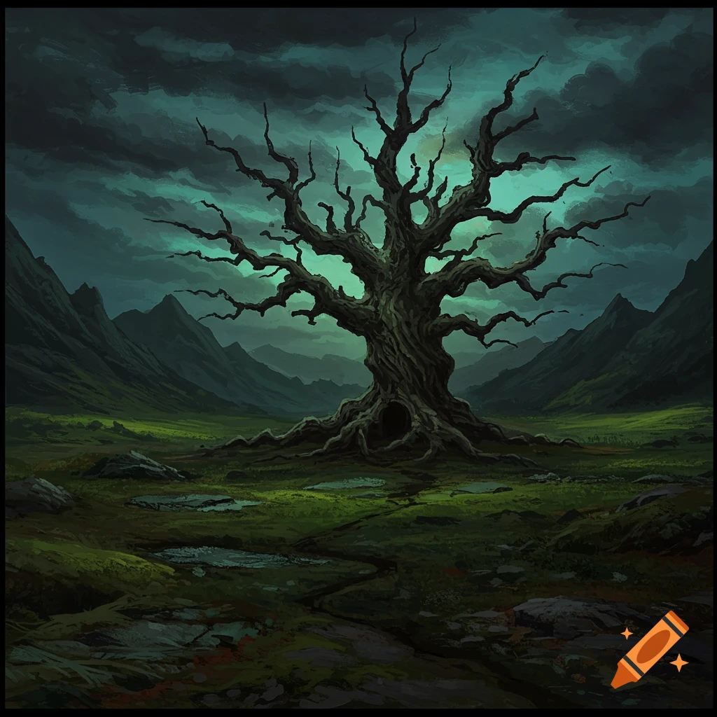 Spooky gnarled tree in a dark valley under stormy skies. Painterly illustration.