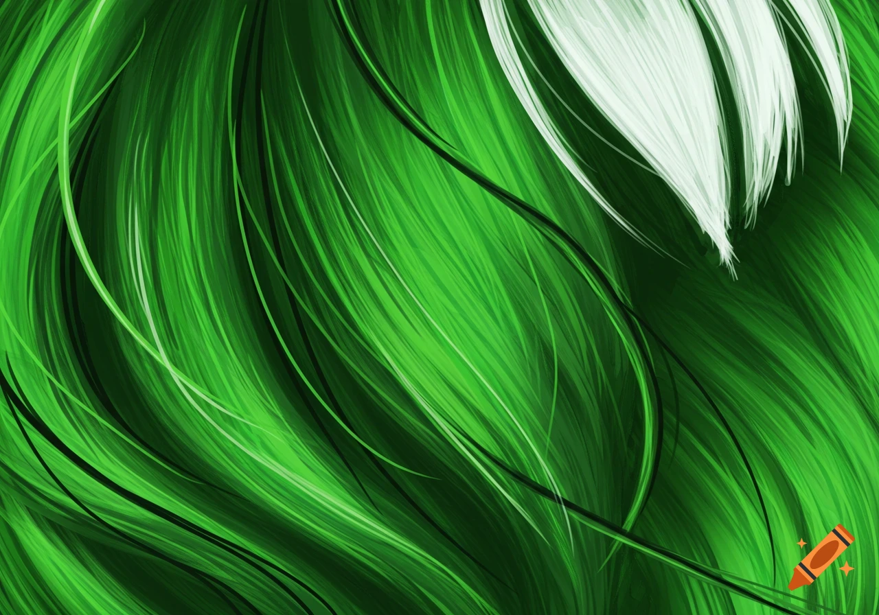 Abstract flowing green hair with black highlights and white strands.