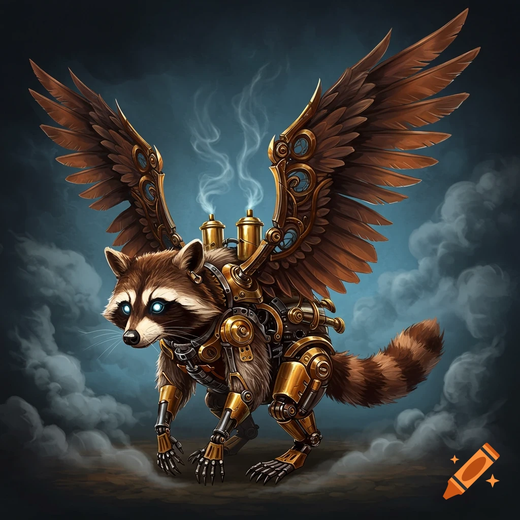A steampunk mechanical raccoon with large feathered wings and glowing eyes stands in smoke.