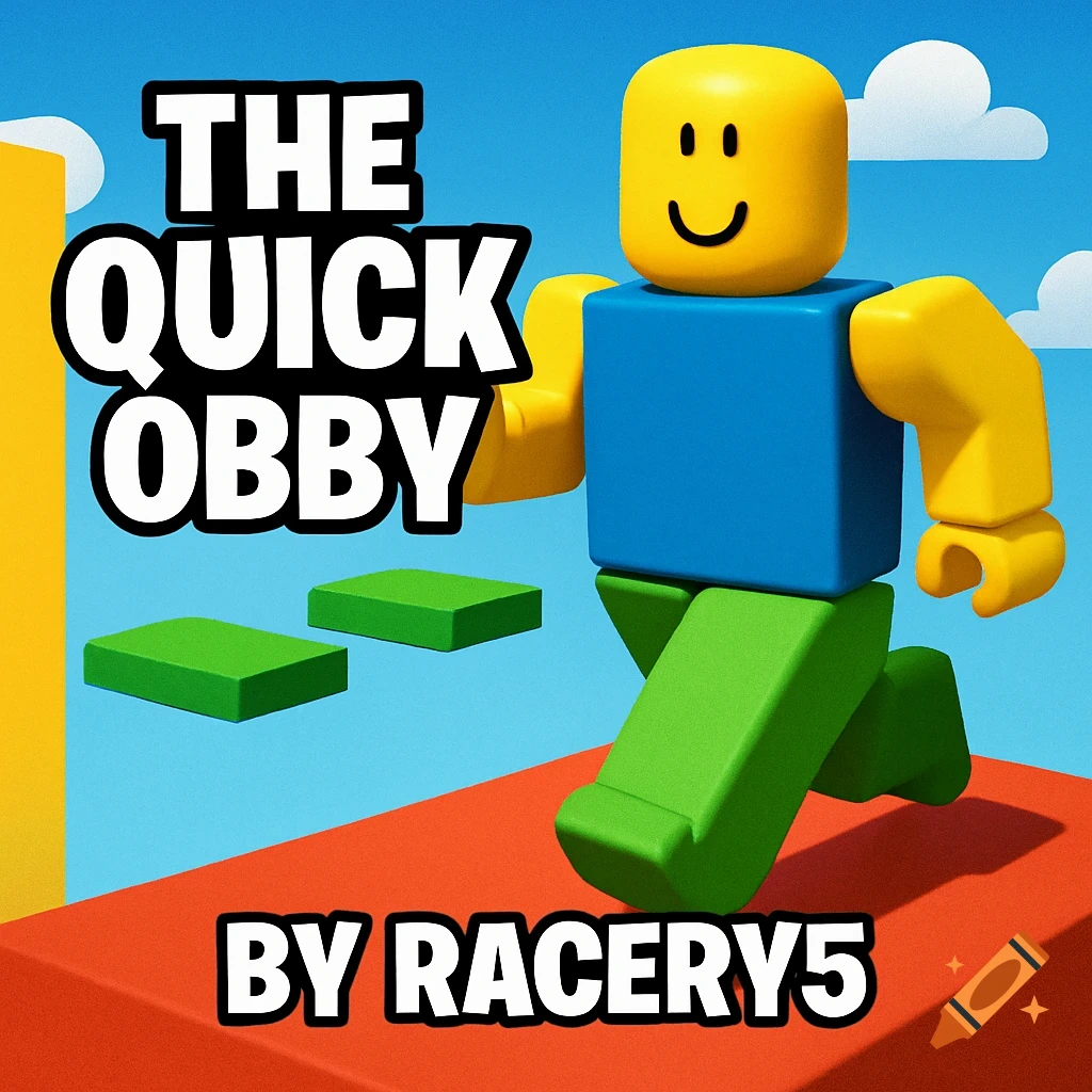 Roblox character running on an obby with text overlay.