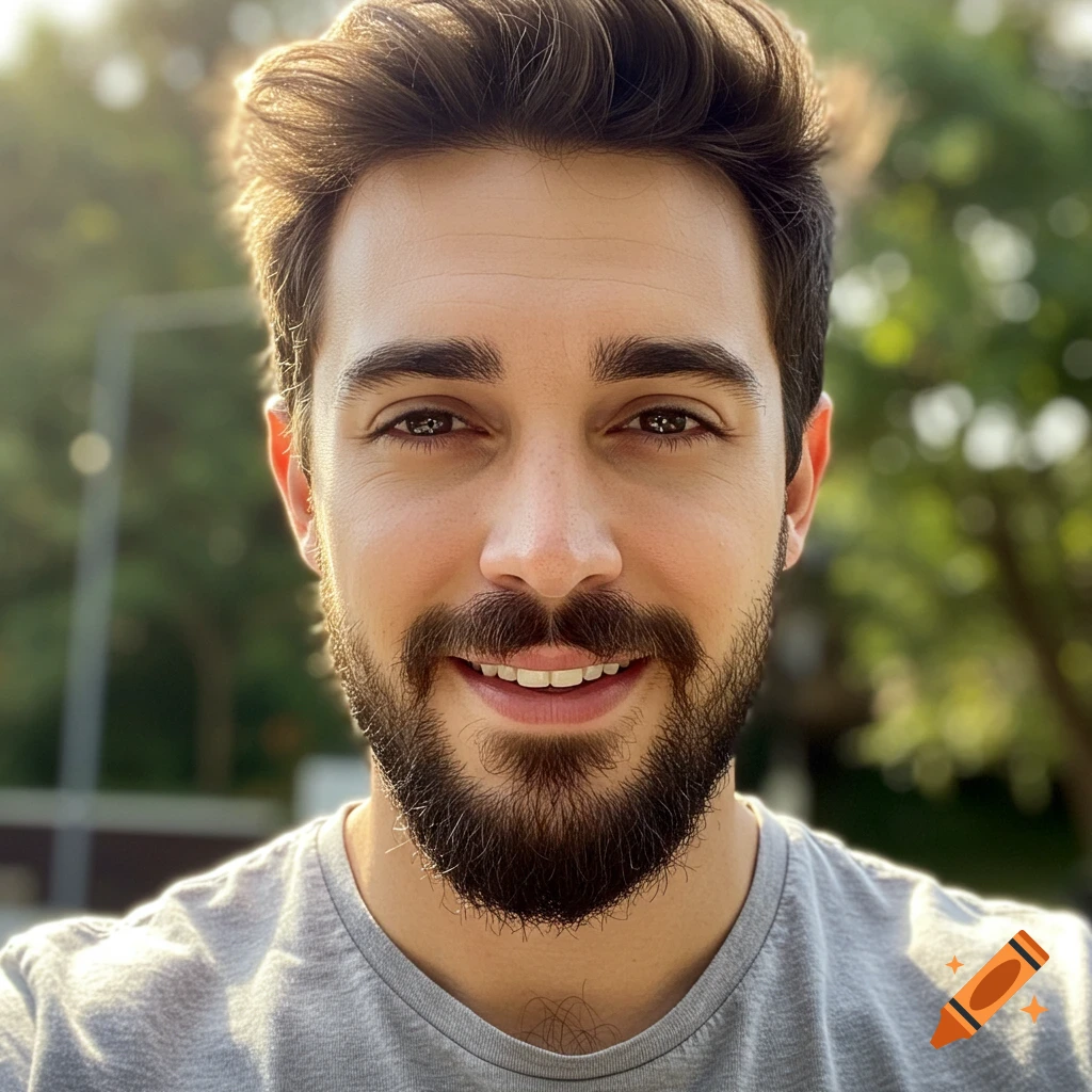 Photorealistic portrait of a smiling man with a beard in outdoor light.