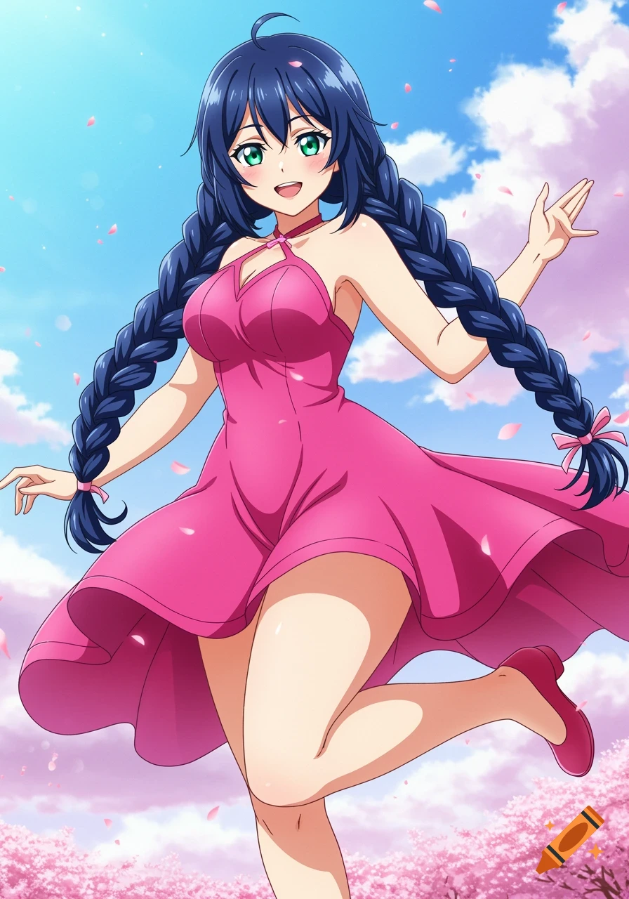 Anime girl with blue braids in pink dress smiling among cherry blossoms