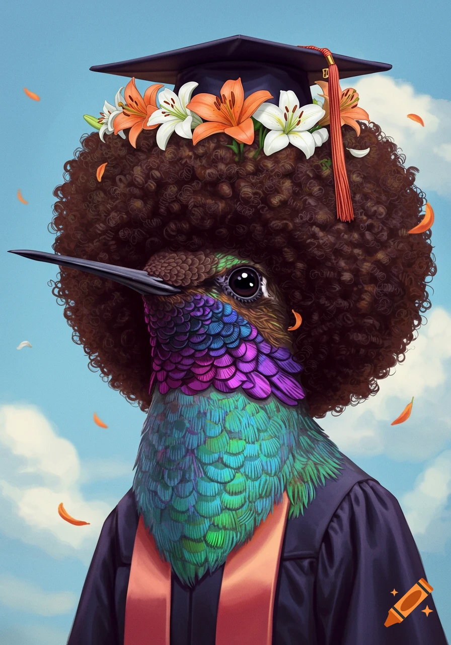 An illustrated hummingbird in a graduation cap, afro, and gown, with lilies on its head.