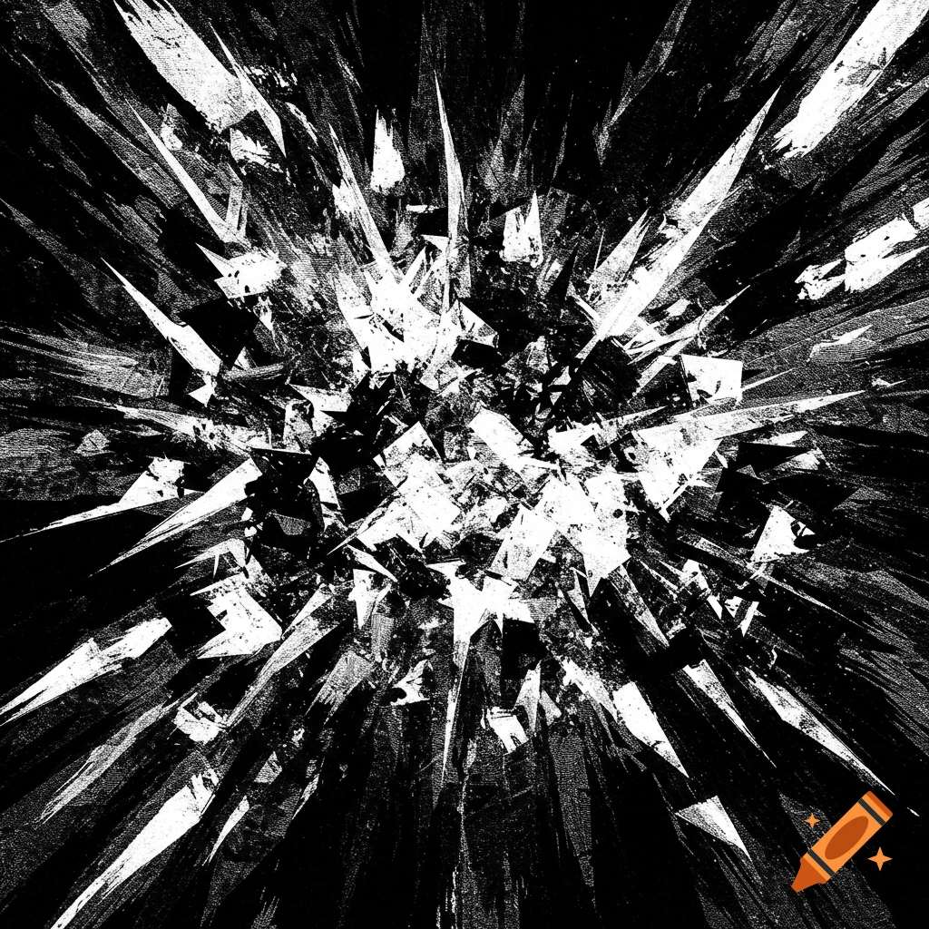Abstract black and white design with jagged, sharp shapes radiating outwards.
