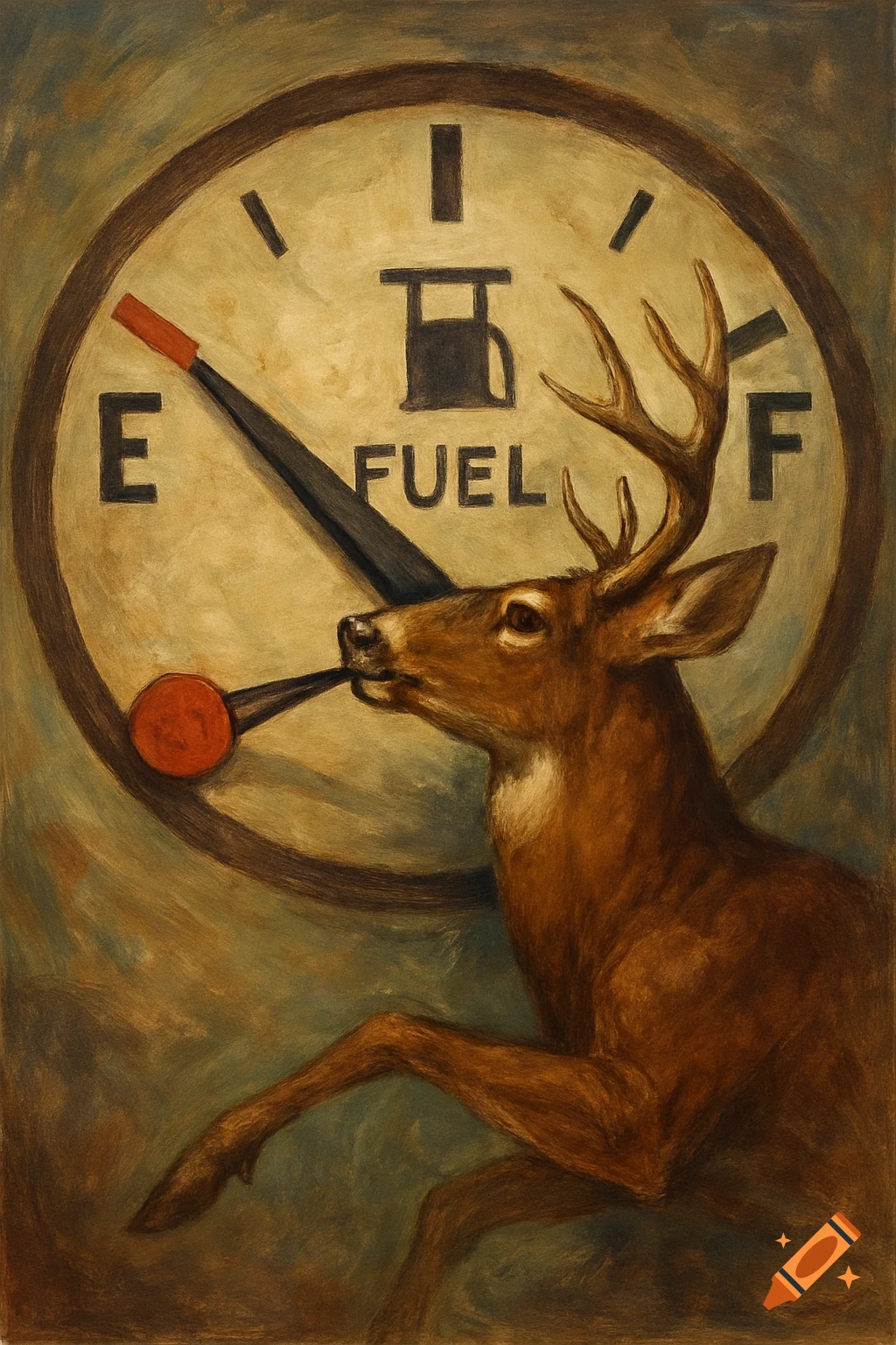 A painting of a deer pulling the needle on an empty fuel gauge towards 'E'.