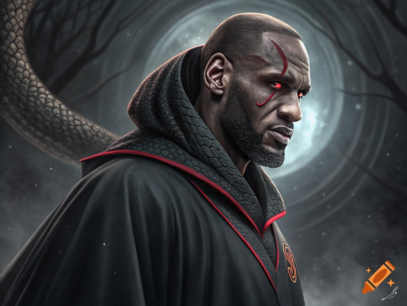 Fantasy portrait of a dark figure with red eyes and facial markings in ...