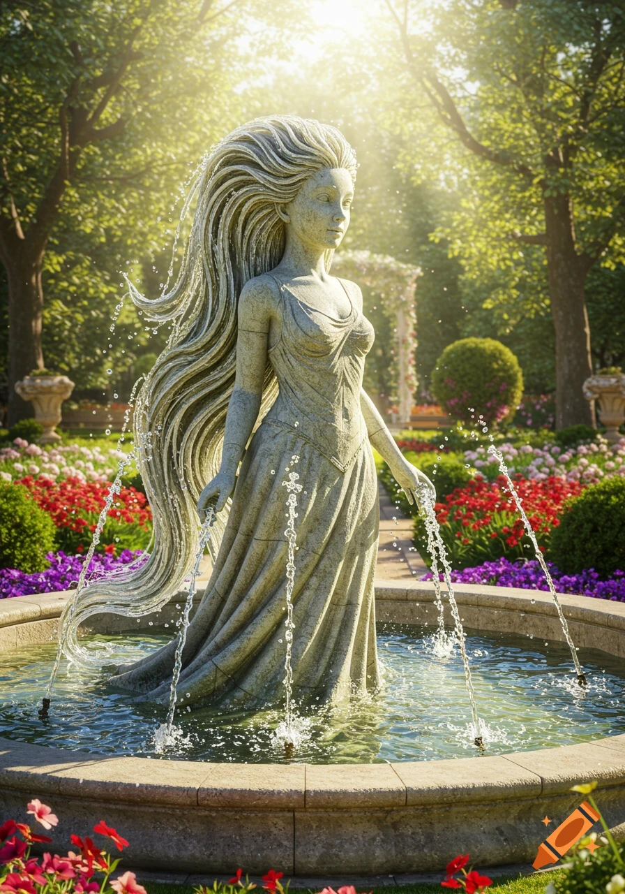 A stone sculpture of a woman with water flowing from her hair stands in a garden fountain.