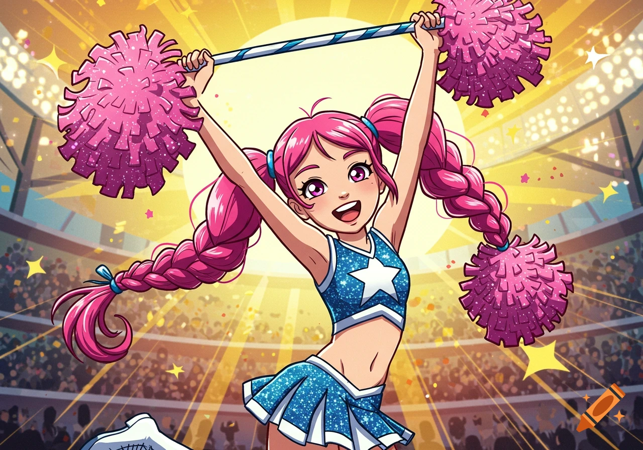 Cartoon cheerleader with pink pigtail braids holding pink pom-poms in a sports stadium, cartoon style.