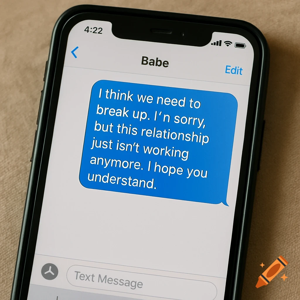 Close-up photo of an iPhone screen displaying a text message bubble with a breakup message.