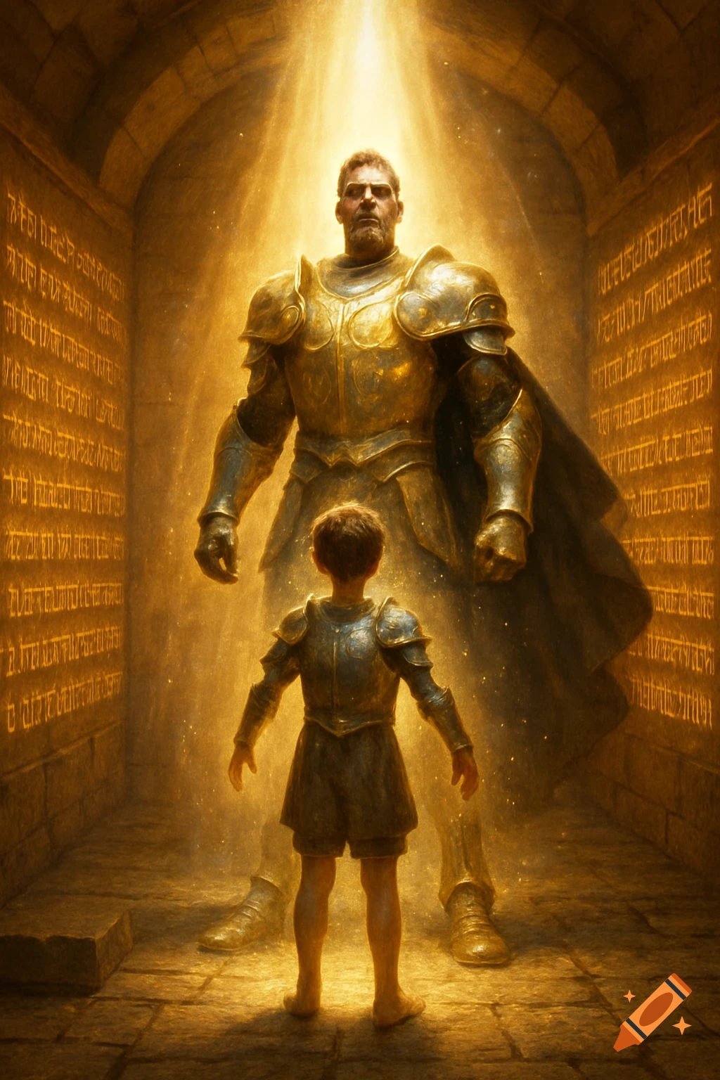 A boy in armor faces a giant warrior in golden armor in a sunlit chamber with glowing inscriptions.