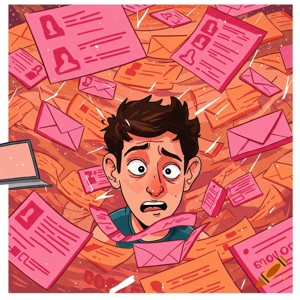 Cartoon illustration of a stressed man surrounded by a flood of pink papers and envelopes