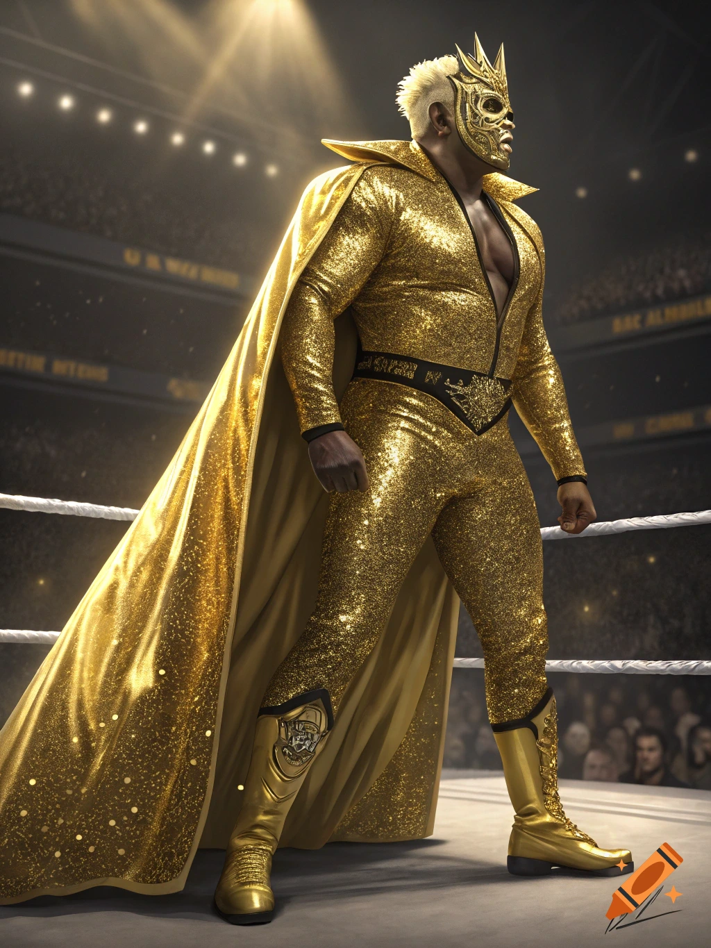 Photorealistic image of a wrestler in a gold mask and sparkly gold outfit standing in a wrestling ring.