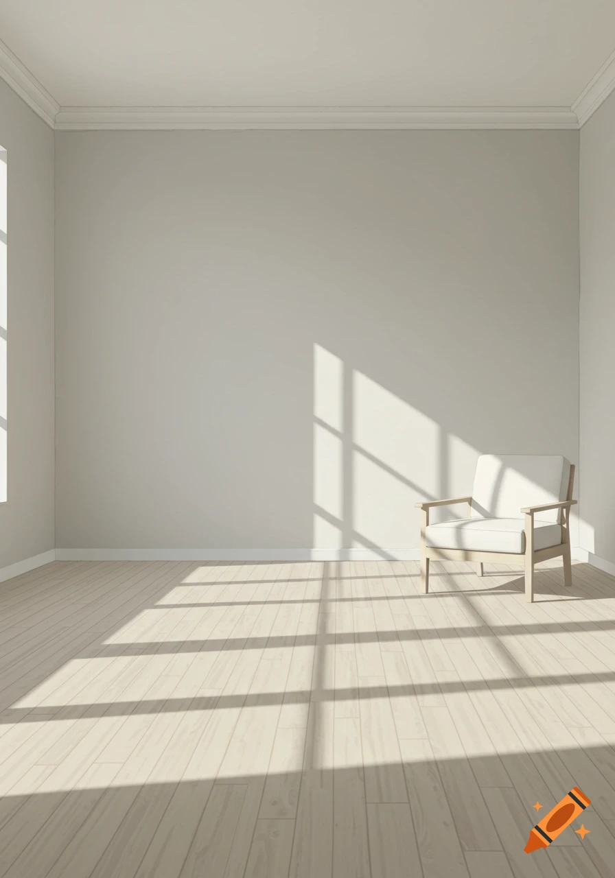 An empty minimalist room with a white armchair, sunbeams from a window casting shadows on a light wood floor.