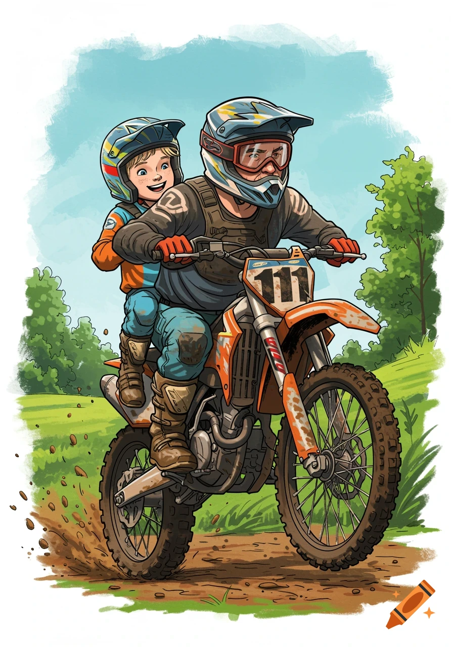 Illustration of a father and son riding a dirt bike off-road.