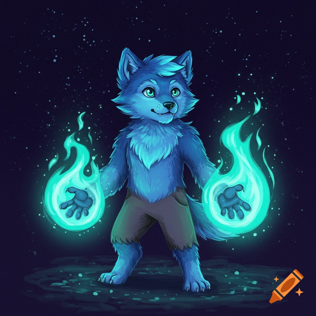 A blue-furred werewolf stands holding teal ethereal fire in its paws against a dark, starry background.
