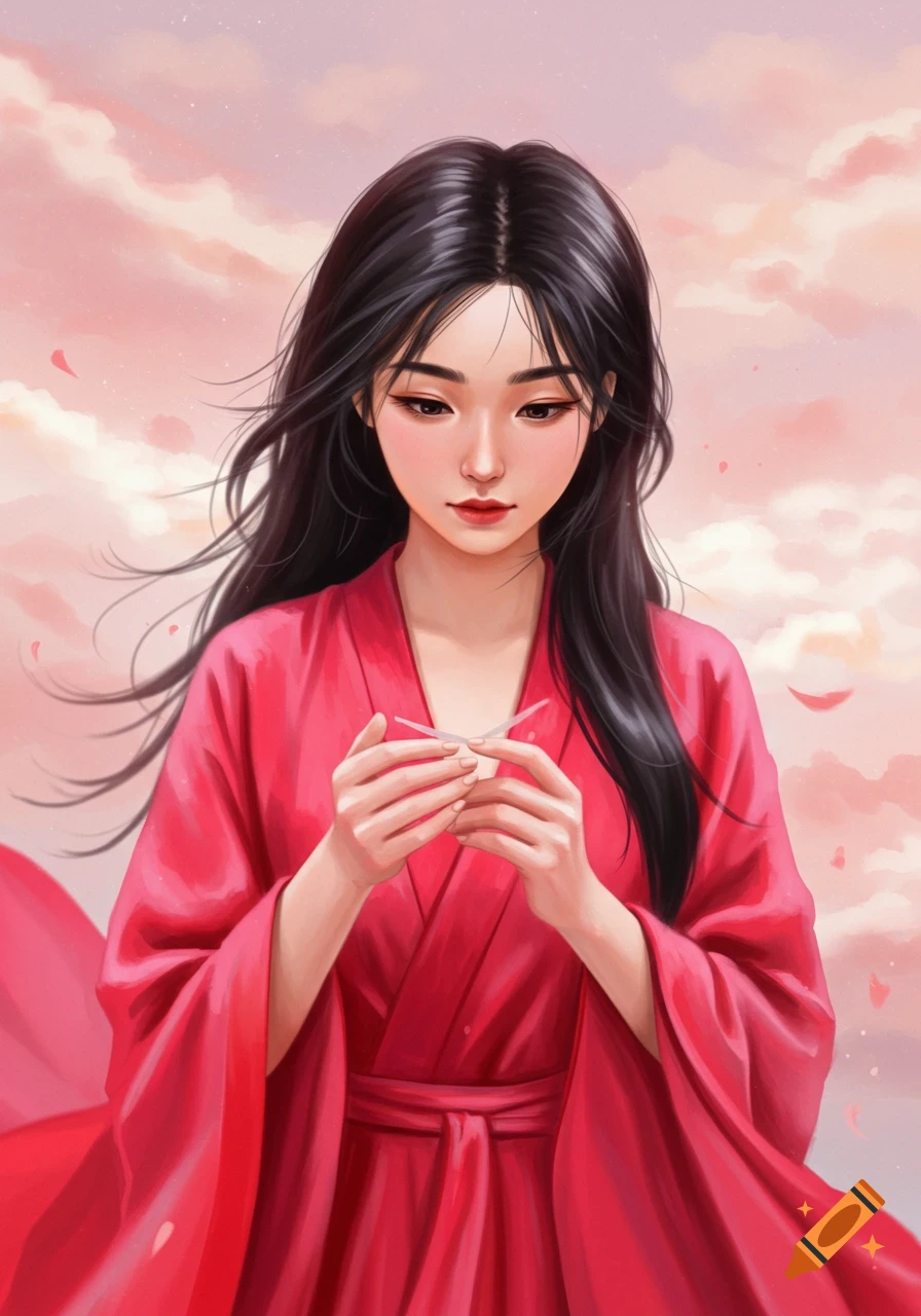 A young woman in a red kimono-like dress holds a small object against a pink sky with flower petals.