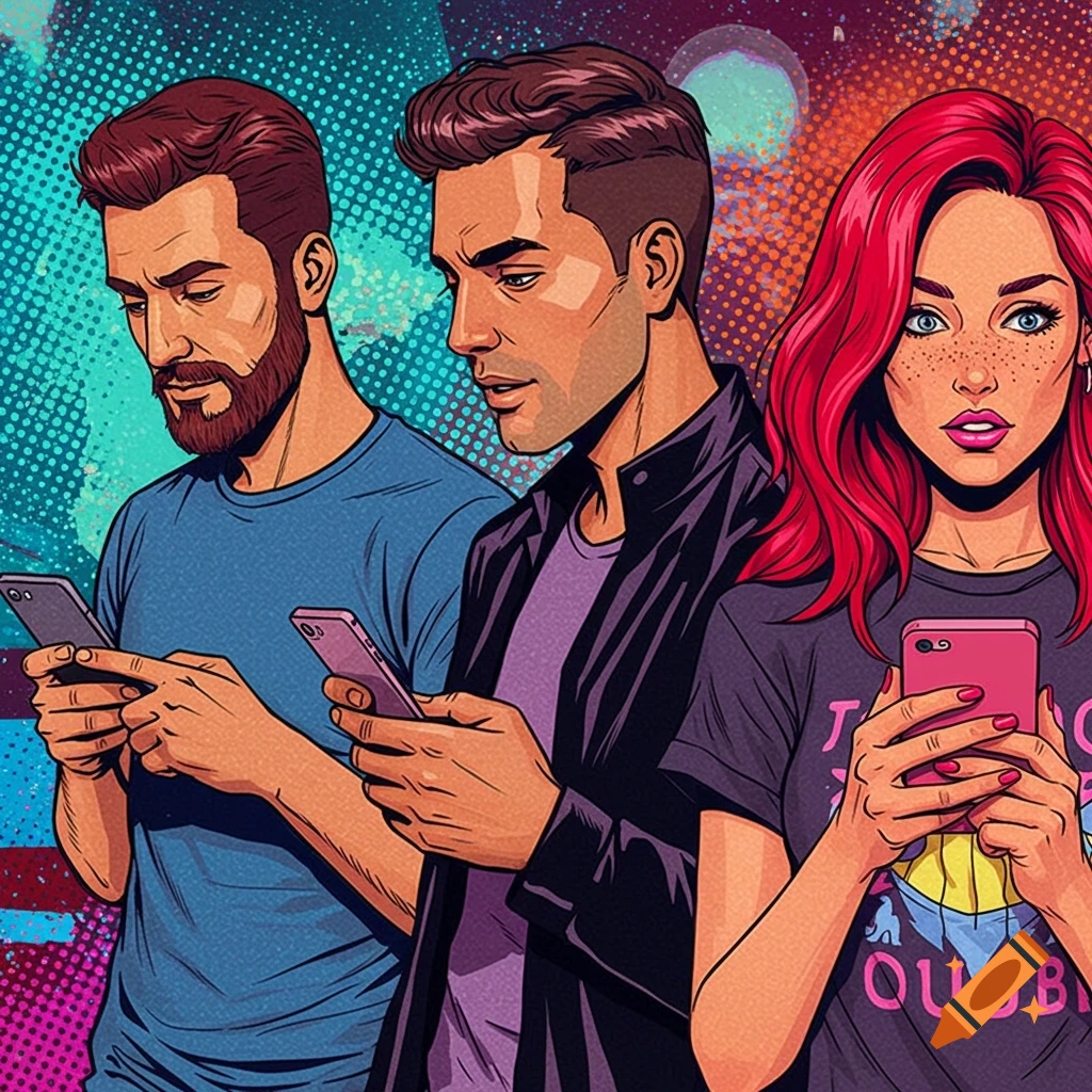 Pop art illustration of two men and a woman looking at smartphones.