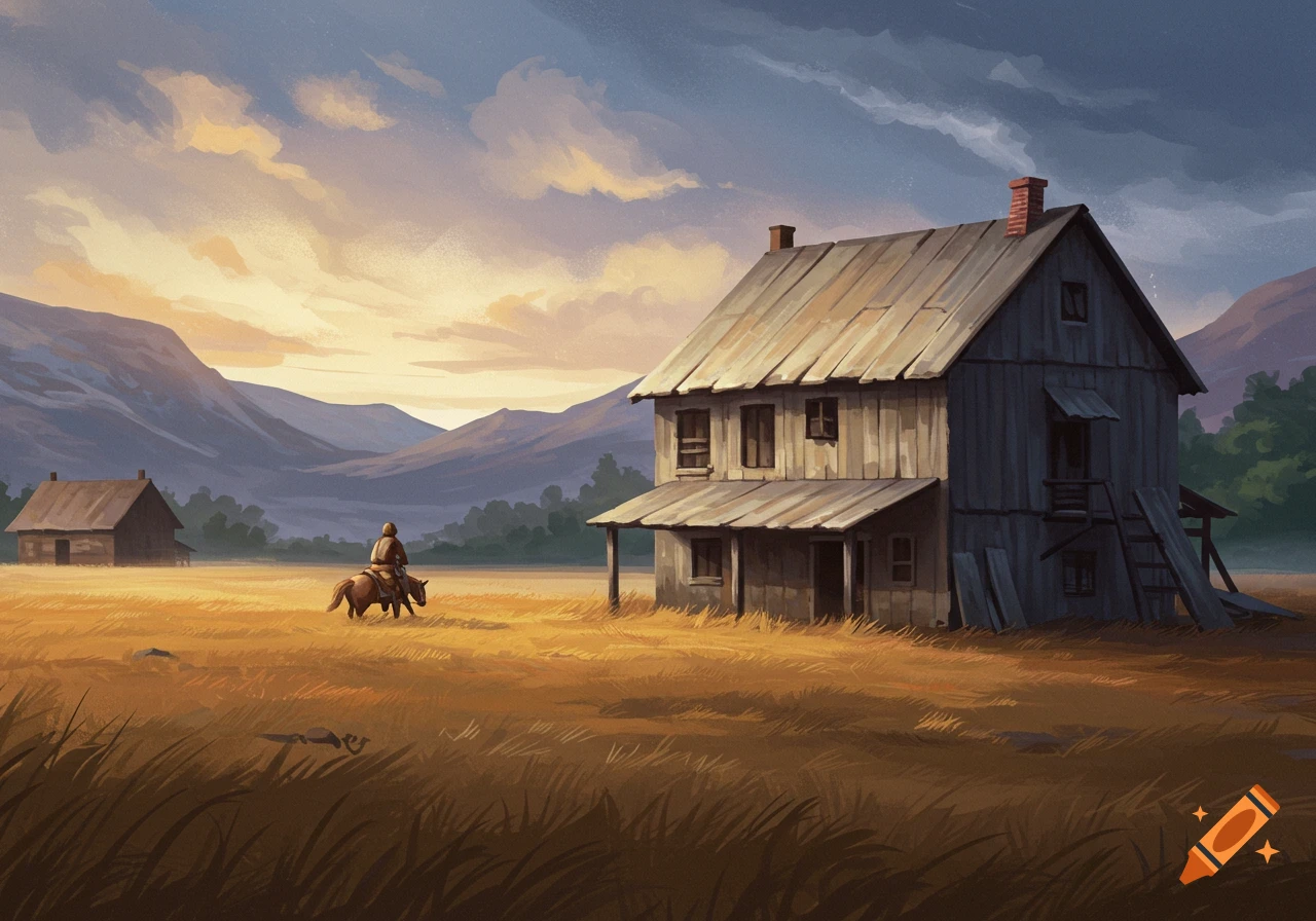 Painting of a person on horseback riding past a house in a rural field at sunset.