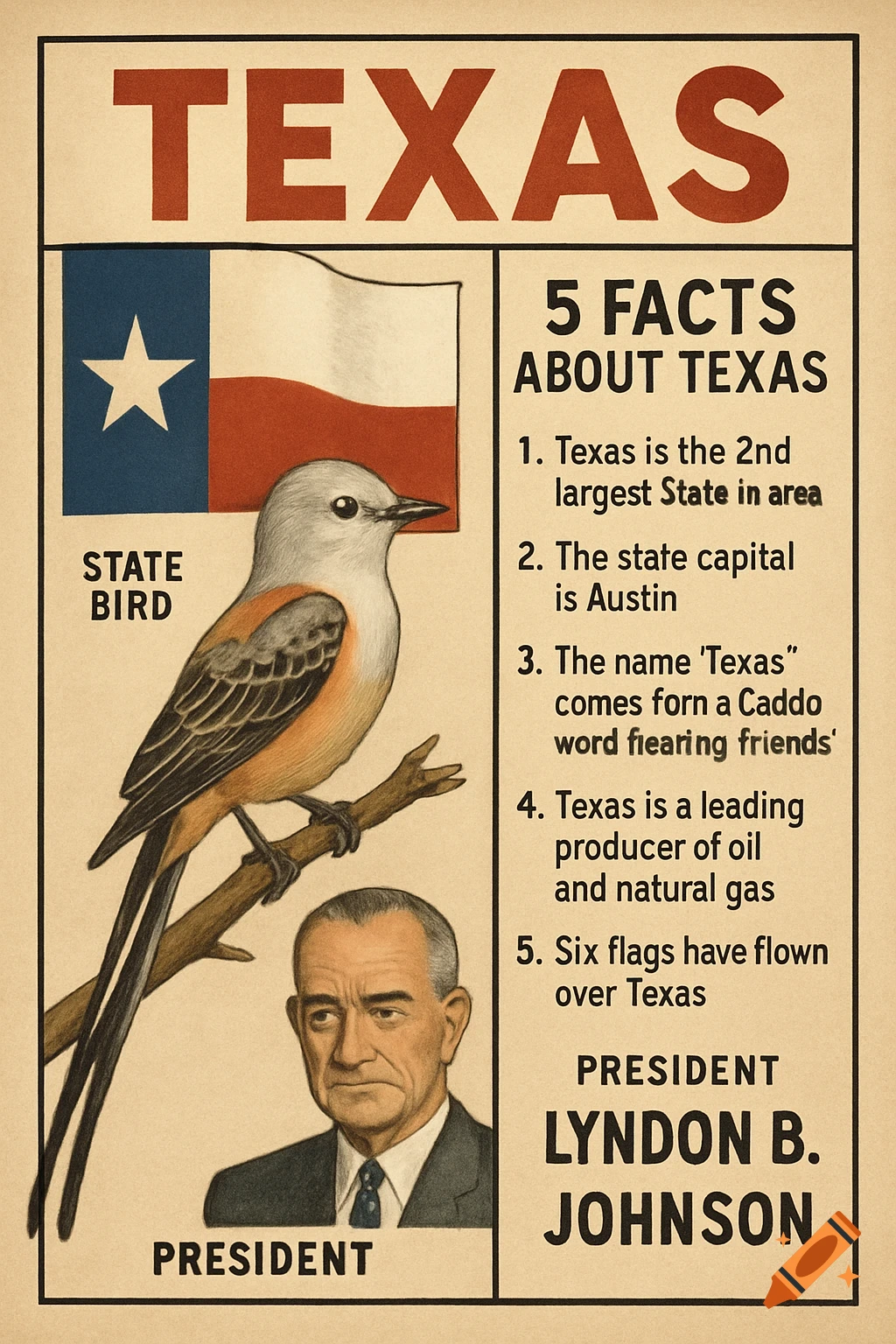 Vintage-style poster with Texas facts, state bird, flag, and Lyndon B. Johnson portrait.