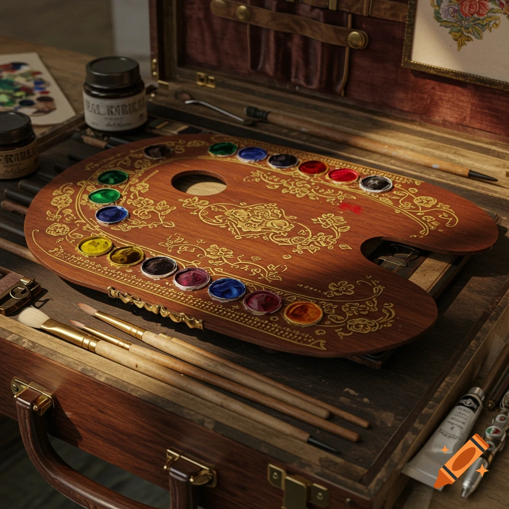 Close-up view of a vintage wooden art palette with watercolor paints, brushes, and bottles.