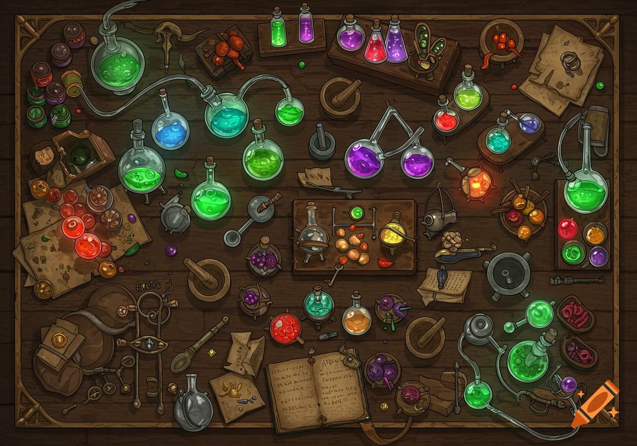 Top-down view of a fantasy alchemy table with flasks, tubes, ingredients, and tools.